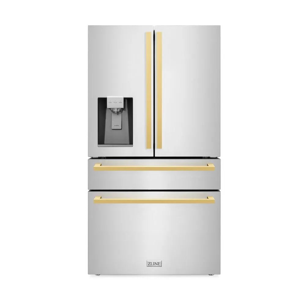 ZLINE Autograph Edition 36-inch refrigerator in fingerprint-resistant stainless steel with bright white interior and polished gold accents RFMZ-W-36-FG