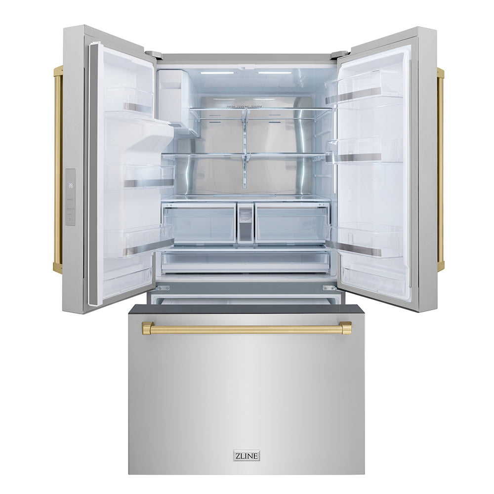 ZLINE Autograph Edition 36-inch refrigerator in fingerprint-resistant stainless steel with bright white interior and champagne bronze accents RSMZ-W-36-CB, front view