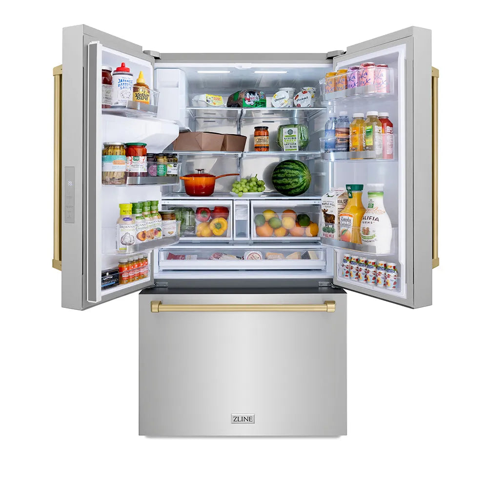 ZLINE Autograph Edition 36-inch refrigerator in fingerprint-resistant stainless steel with bright white interior and champagne bronze accents RSMZ-W-36-CB, front view