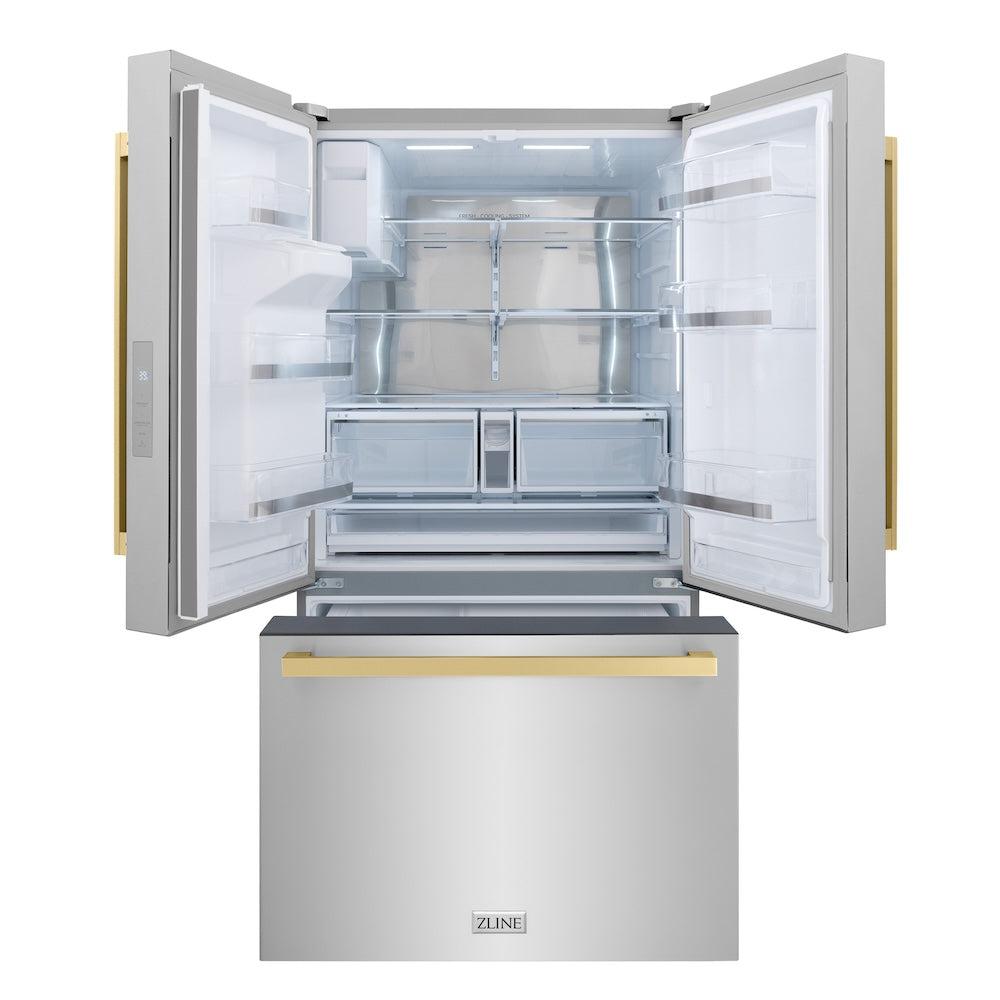 ZLINE Autograph Edition 36-inch refrigerator in fingerprint-resistant stainless steel with bright white interior and champagne bronze accents RSMZ-W-36-FCB, front view
