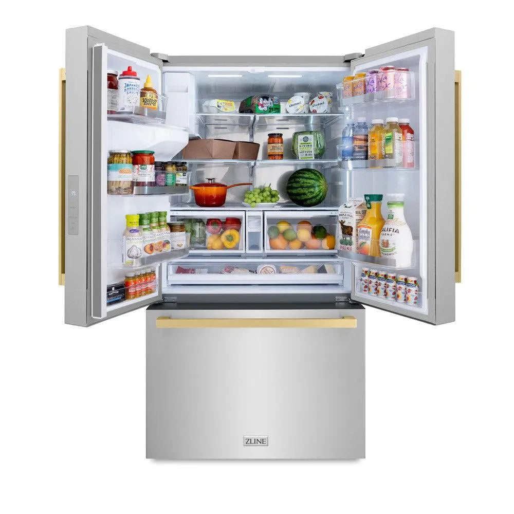 ZLINE Autograph Edition 36-inch refrigerator in fingerprint-resistant stainless steel with bright white interior and champagne bronze accents RSMZ-W-36-FCB, front view