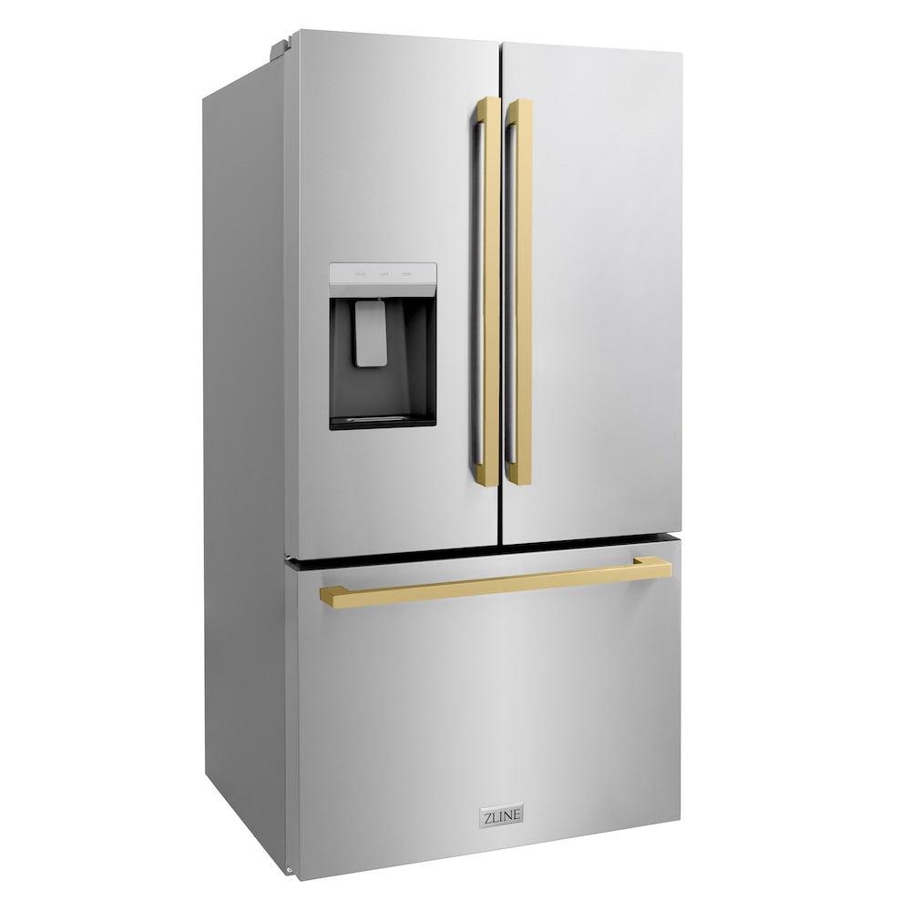 ZLINE Autograph Edition 36-inch refrigerator in fingerprint-resistant stainless steel with bright white interior and champagne bronze accents RSMZ-W-36-FCB, side view