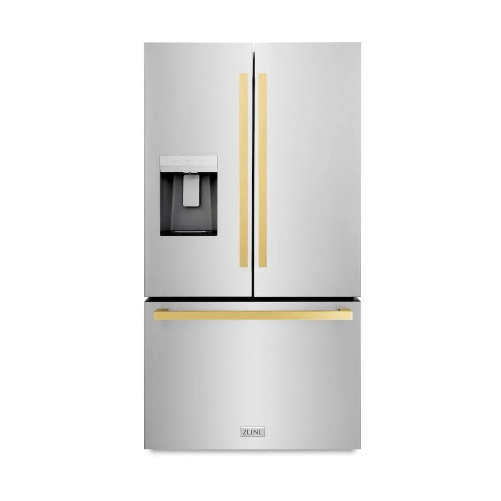 ZLINE Autograph Edition 36-inch refrigerator in fingerprint-resistant stainless steel with bright white interior and polished gold accents RSMZ-W-36-FG