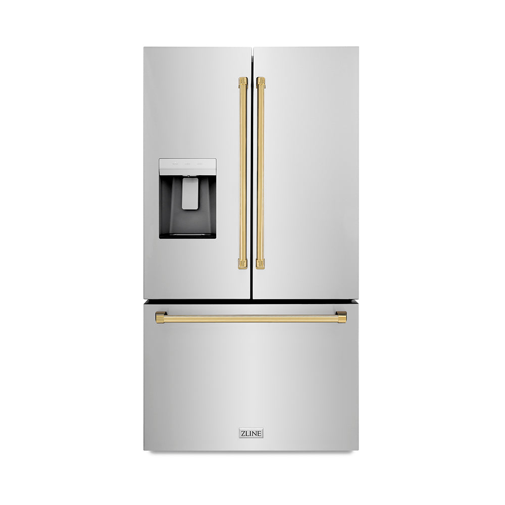 ZLINE Autograph Edition 36-inch refrigerator in fingerprint-resistant stainless steel with bright white interior and polished gold accents RSMZ-W-36-G, front view