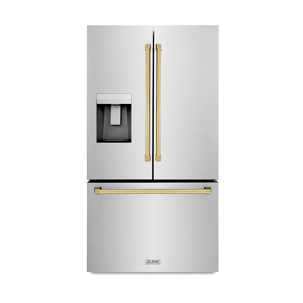 ZLINE Autograph Edition 36-inch refrigerator in fingerprint-resistant stainless steel with bright white interior and polished gold accents RSMZ-W-36-G