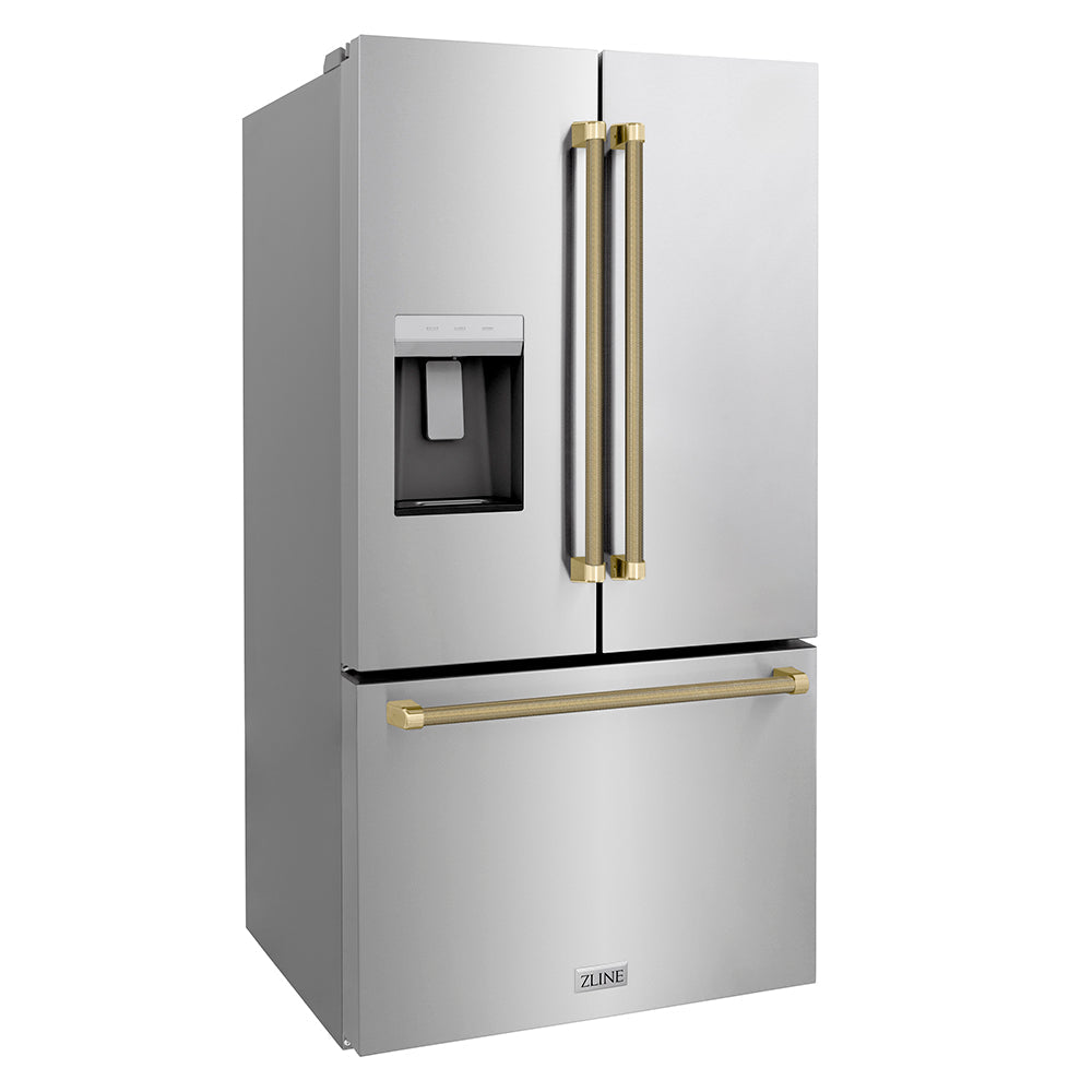 ZLINE Autograph Edition 36-inch refrigerator in fingerprint-resistant stainless steel with bright white interior and champagne bronze accents RSMZ-W-36-KCB, side view
