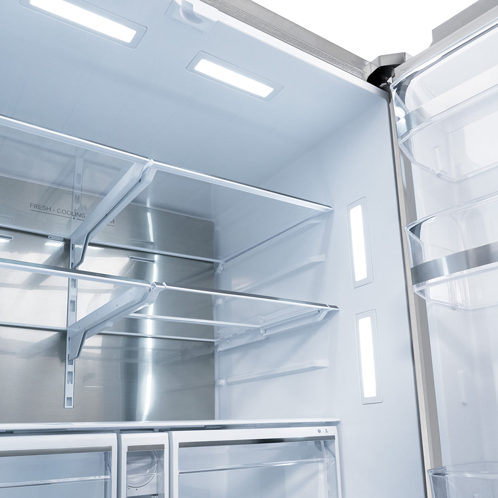ZLINE Autograph Edition 36-inch refrigerator in fingerprint-resistant stainless steel with bright white interior and polished nickel accents RSMZ-W-36-KPN, detail