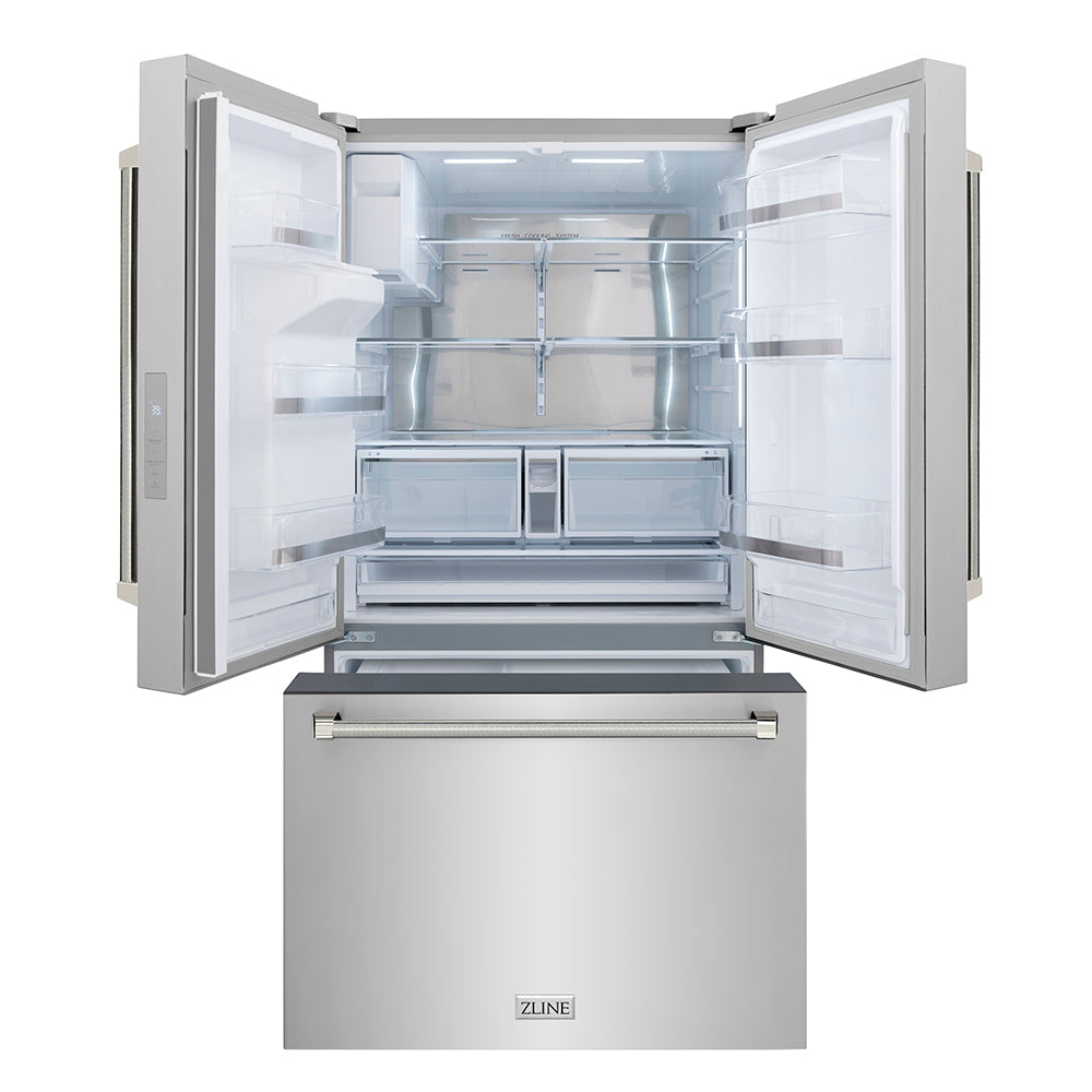ZLINE Autograph Edition 36-inch refrigerator in fingerprint-resistant stainless steel with bright white interior and polished nickel accents RSMZ-W-36-KPN, front view