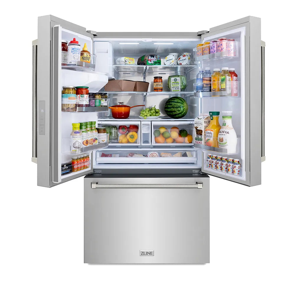 ZLINE Autograph Edition 36-inch refrigerator in fingerprint-resistant stainless steel with bright white interior and polished nickel accents RSMZ-W-36-KPN, front view