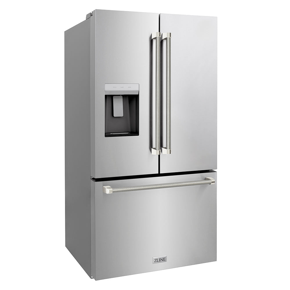 ZLINE Autograph Edition 36-inch refrigerator in fingerprint-resistant stainless steel with bright white interior and polished nickel accents RSMZ-W-36-KPN, side view
