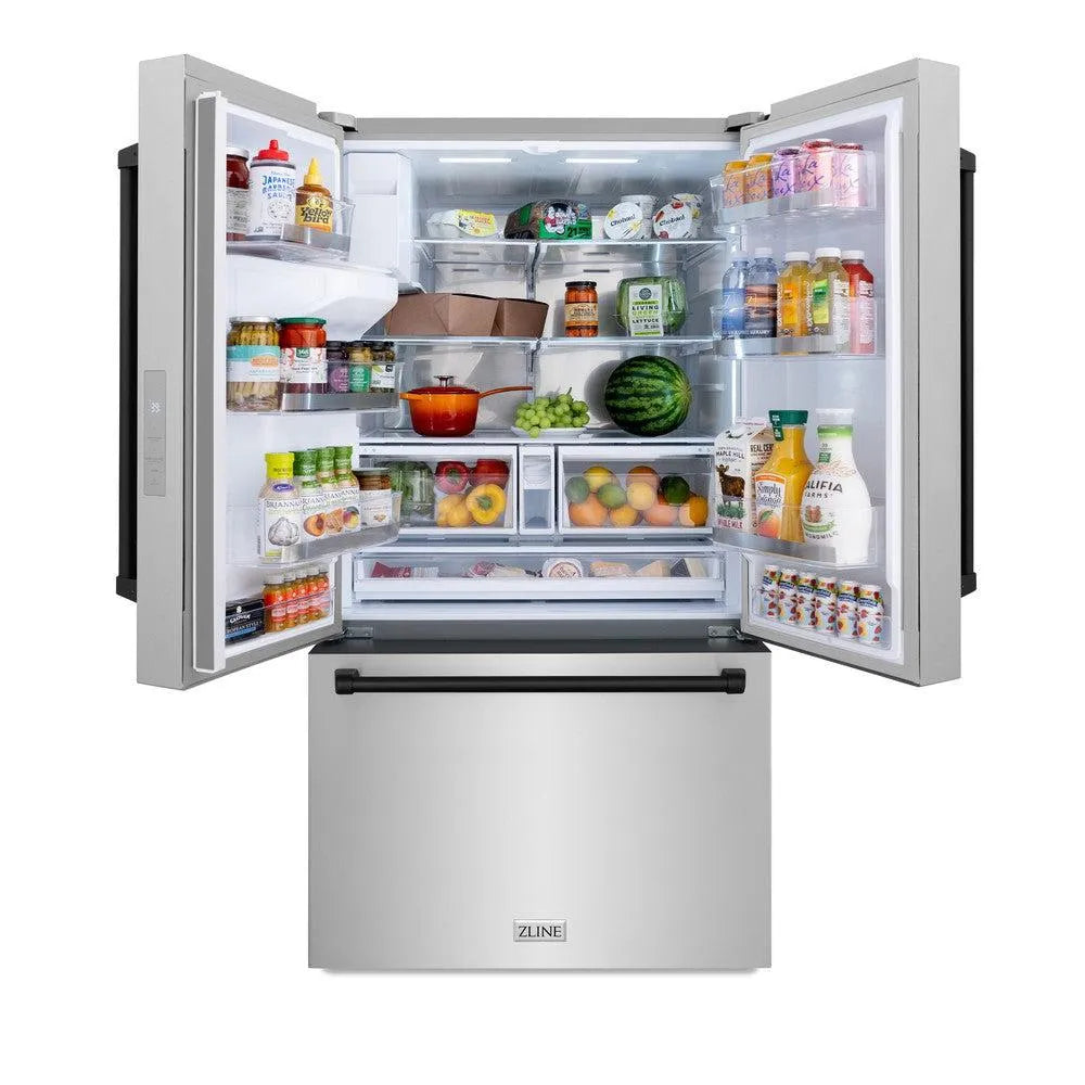 ZLINE Autograph Edition 36-inch refrigerator in fingerprint-resistant stainless steel with bright white interior and matte black accents RSMZ-W-36-MB, front view