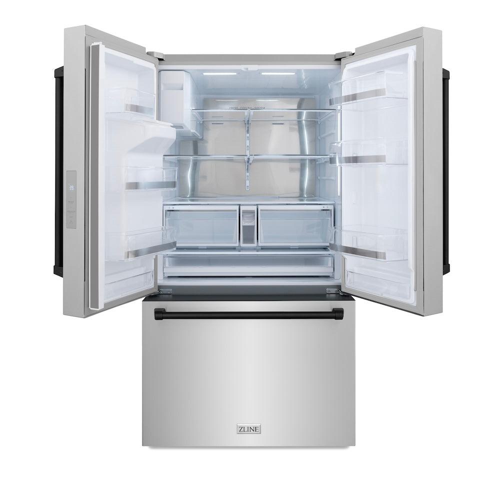 ZLINE Autograph Edition 36-inch refrigerator in fingerprint-resistant stainless steel with bright white interior and matte black accents RSMZ-W-36-MB, front view
