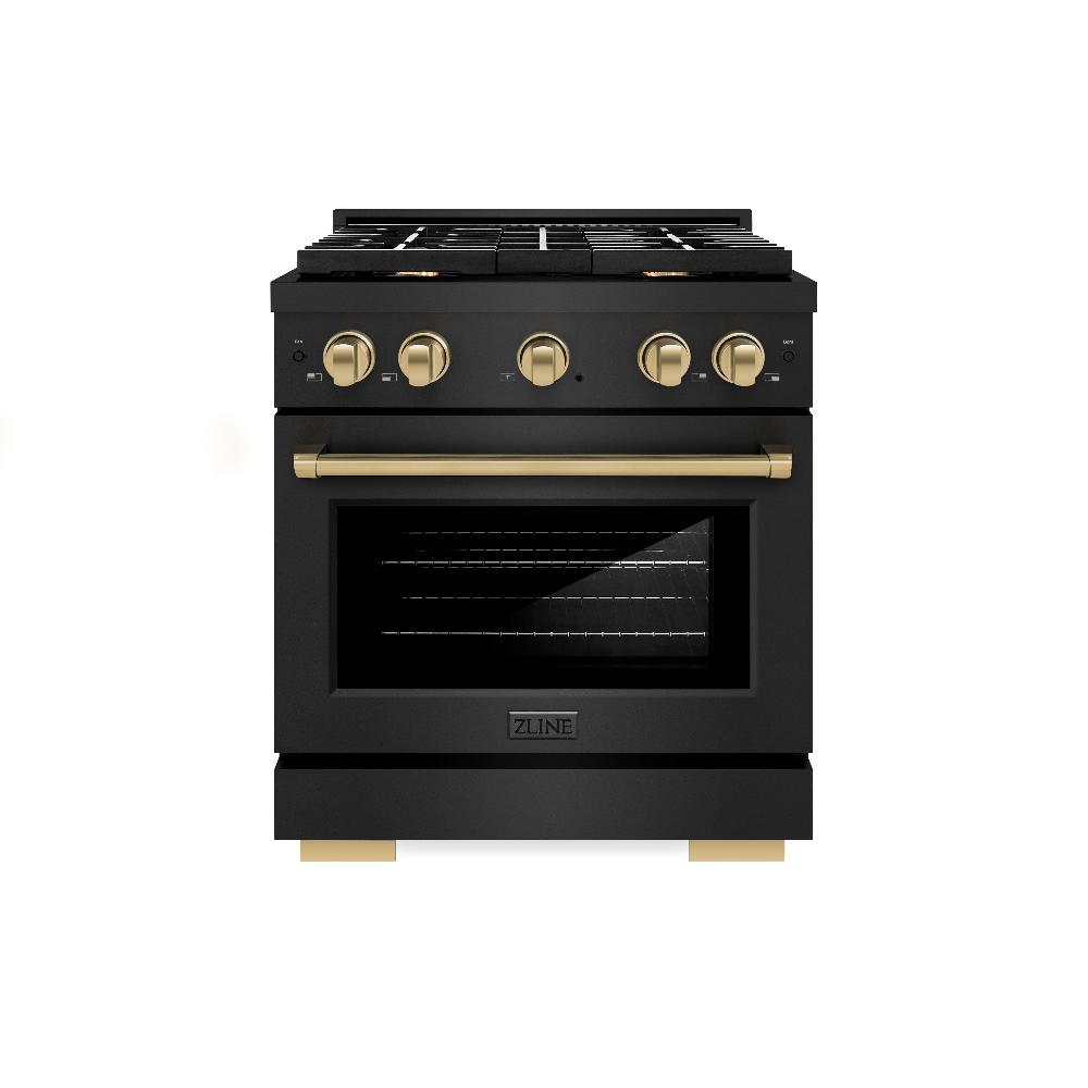 ZLINE Autograph Edition Paramount 30-inch range in black stainless steel and champagne bronze accents SDRBZ-30-CB, front view