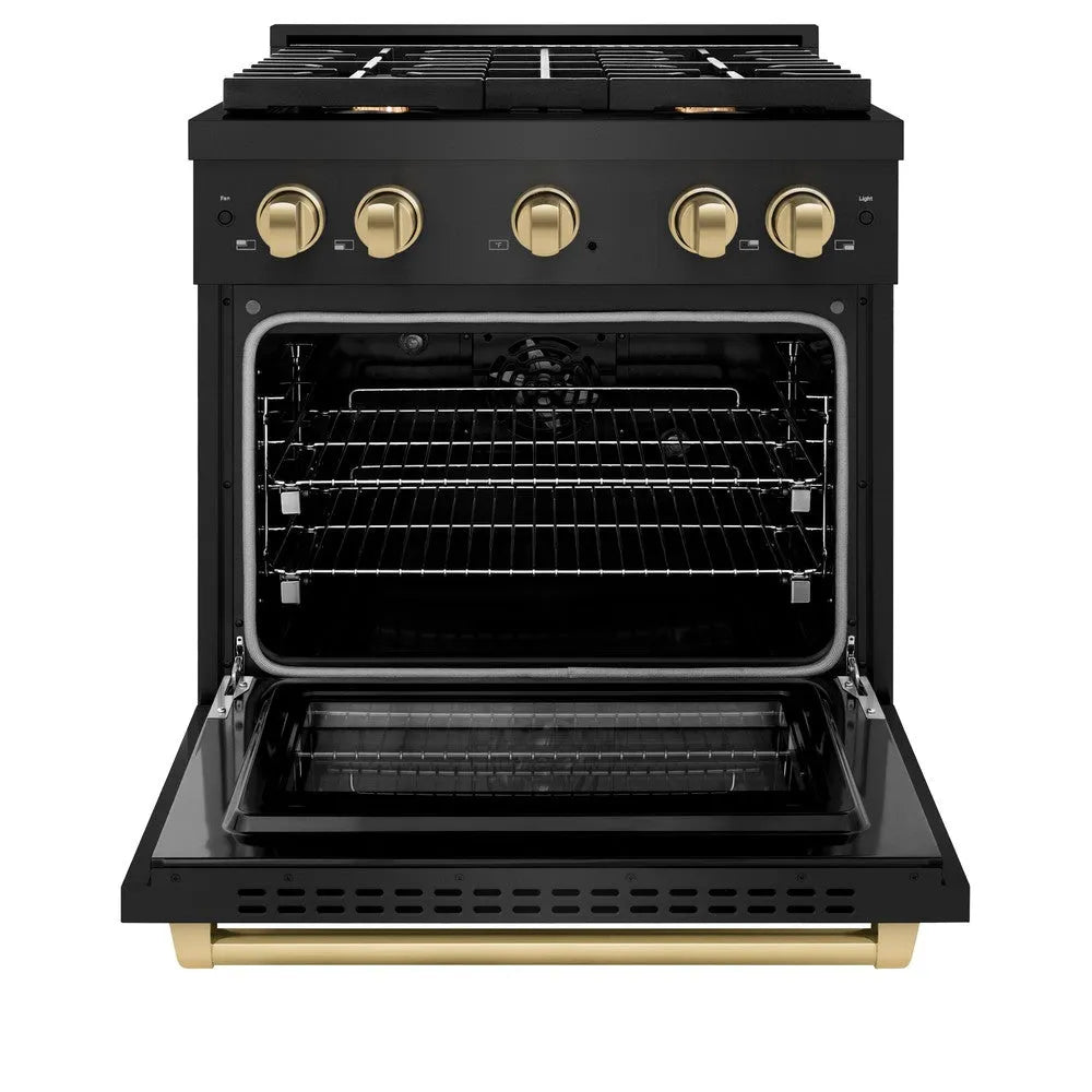 ZLINE Autograph Edition Paramount 30-inch range in black stainless steel and champagne bronze accents SDRBZ-30-CB, front view