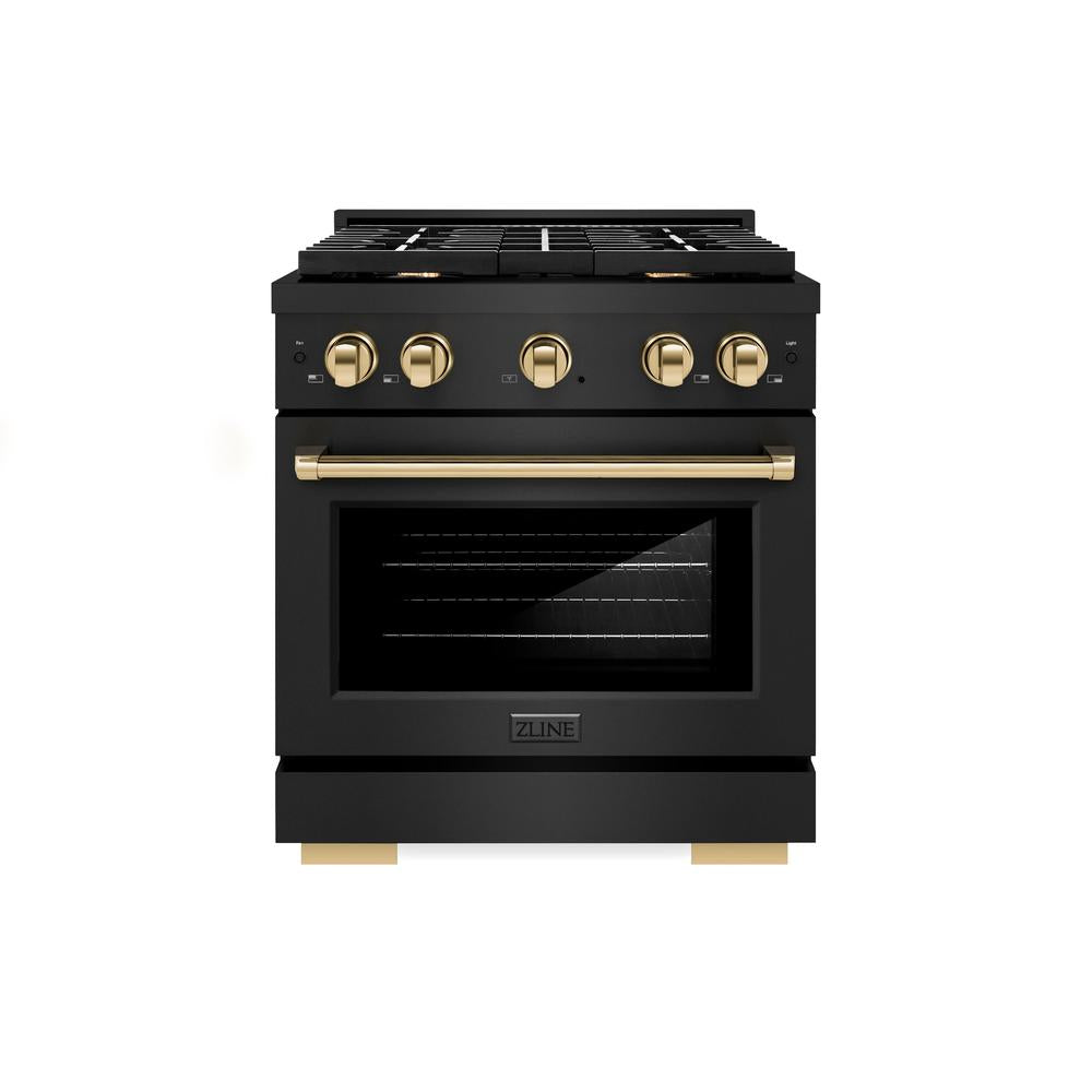 ZLINE Autograph Edition Paramount 30-inch range in black stainless steel and polished gold accents SDRBZ-30-G, front view