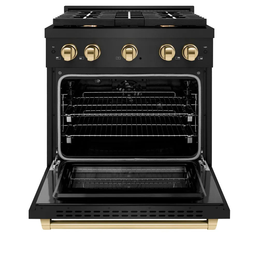 ZLINE Autograph Edition Paramount 30-inch range in black stainless steel and polished gold accents SDRBZ-30-G, front view