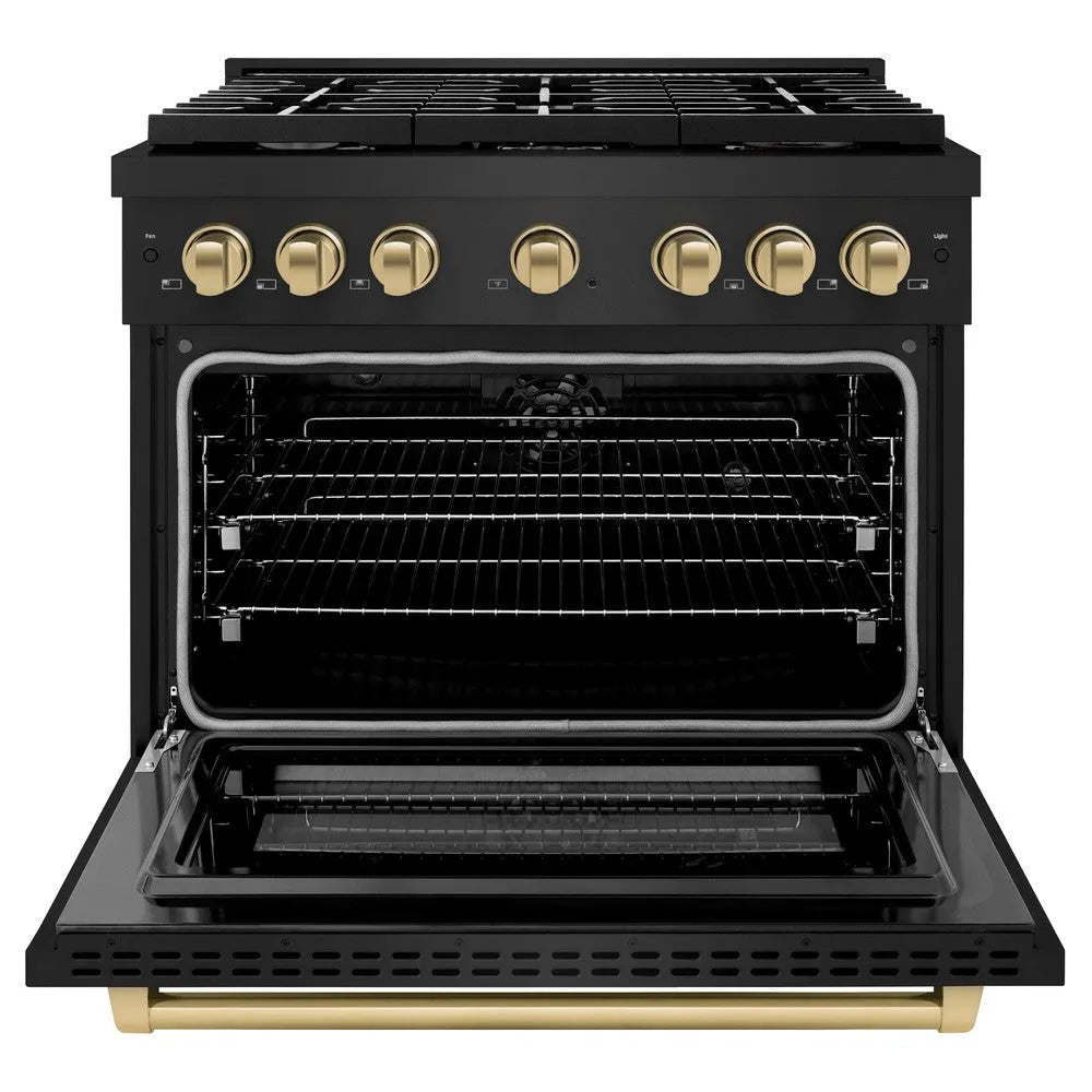 ZLINE Autograph Edition Paramount 36-inch range in black stainless steel and champagne bronze accents SDRBZ-36-CB, front view