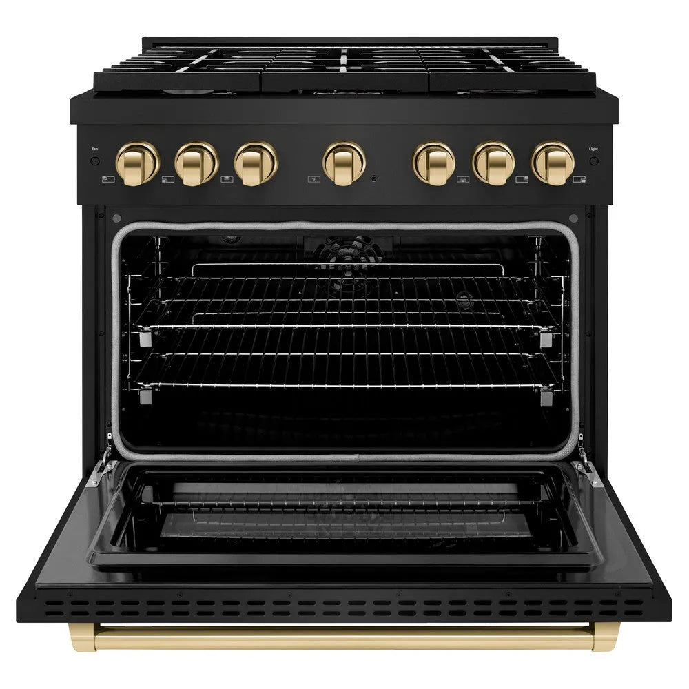 ZLINE Autograph Edition Paramount 36-inch range in black stainless steel and polished gold accents SDRBZ-36-G, front view