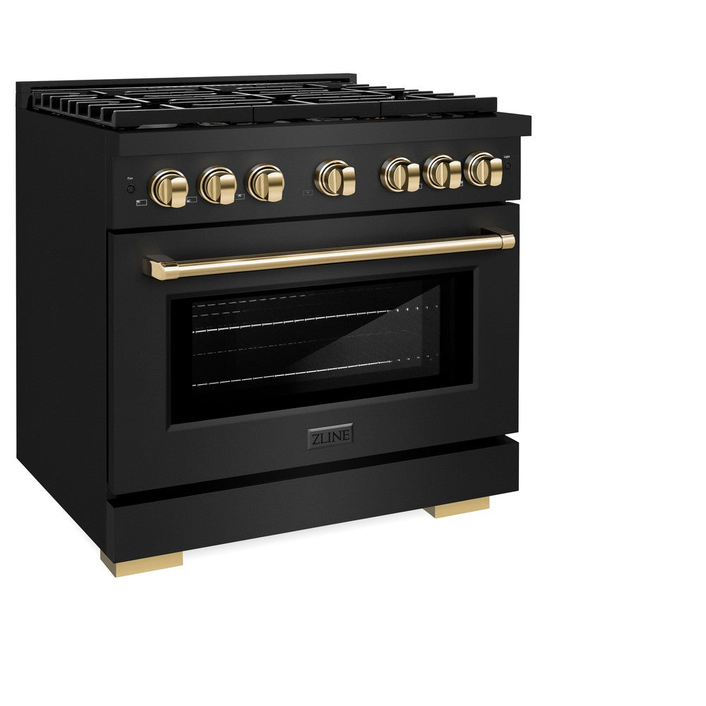 ZLINE Autograph Edition Paramount 36-inch range in black stainless steel and polished gold accents SDRBZ-36-G, view 3