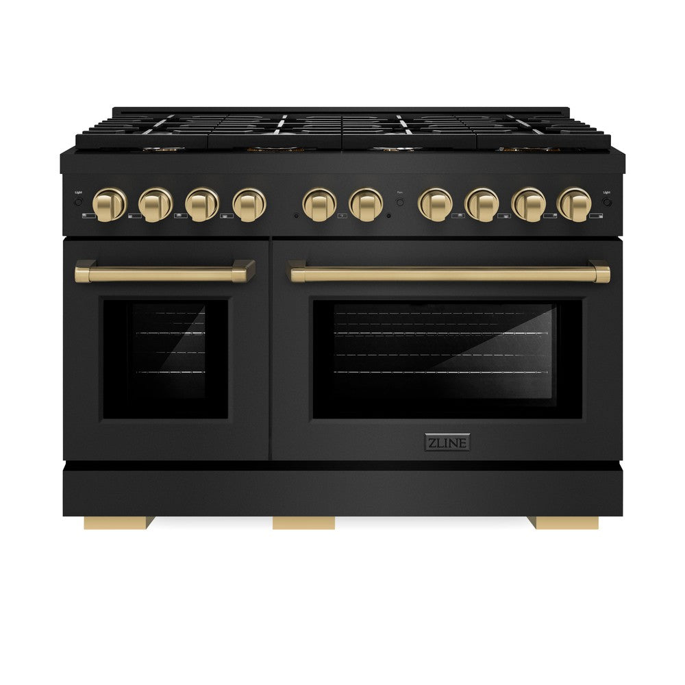 ZLINE Autograph Edition Paramount 48-inch range in black stainless steel and champagne bronze accents SDRBZ-48-CB, front view