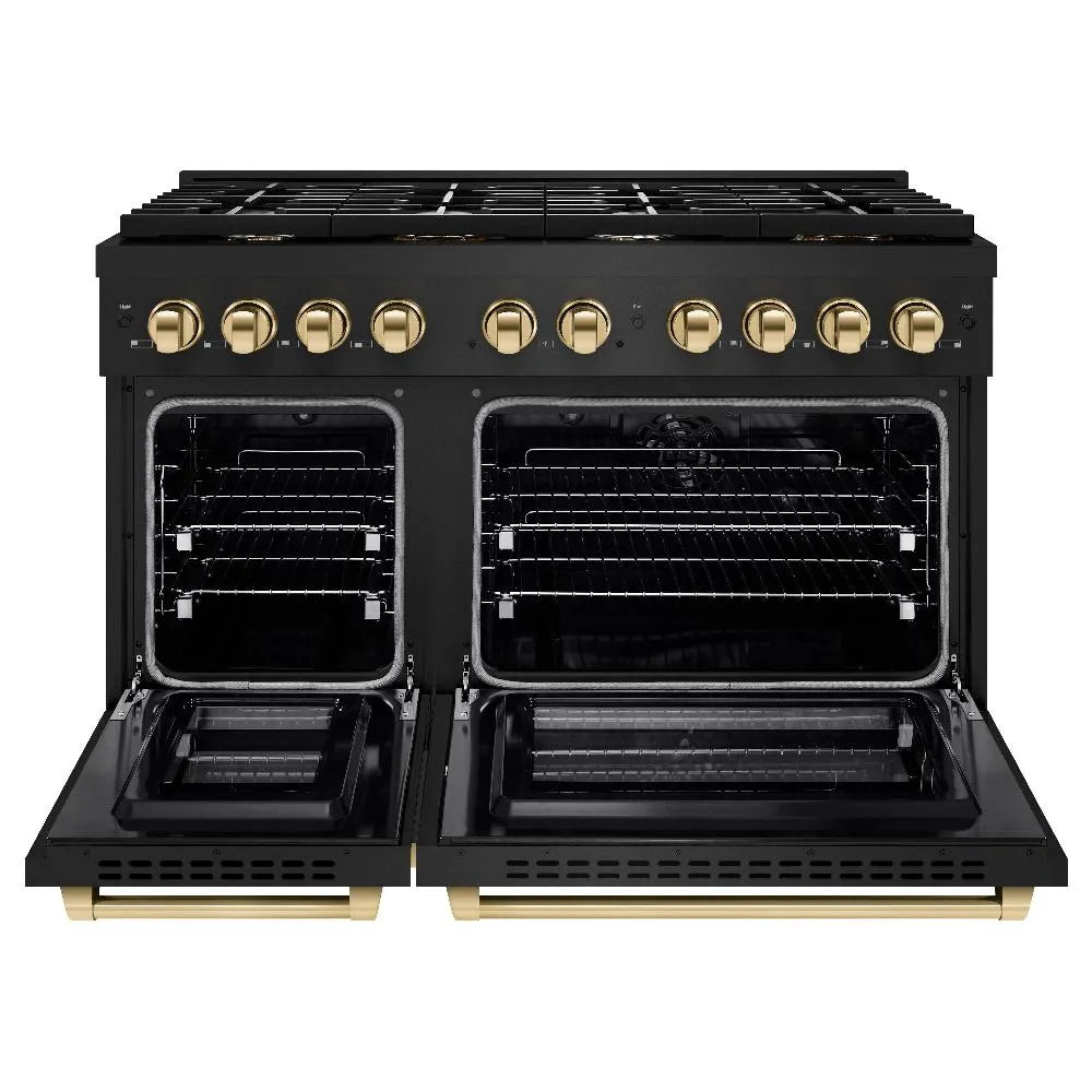 ZLINE Autograph Edition Paramount 48-inch range in black stainless steel and polished gold accents SDRBZ-48-G, front view
