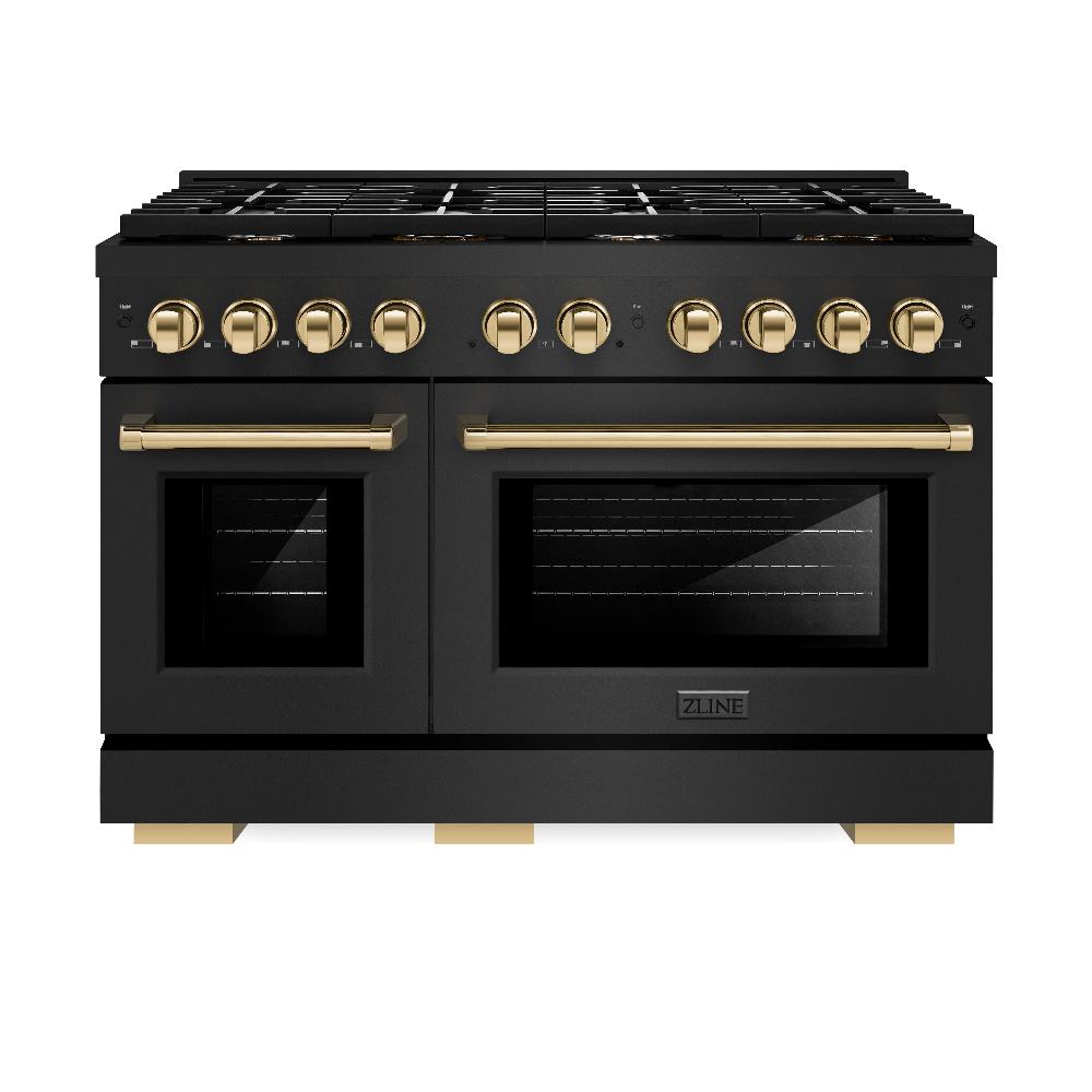 ZLINE Autograph Edition Paramount 48-inch range in black stainless steel and polished gold accents SDRBZ-48-G, front view