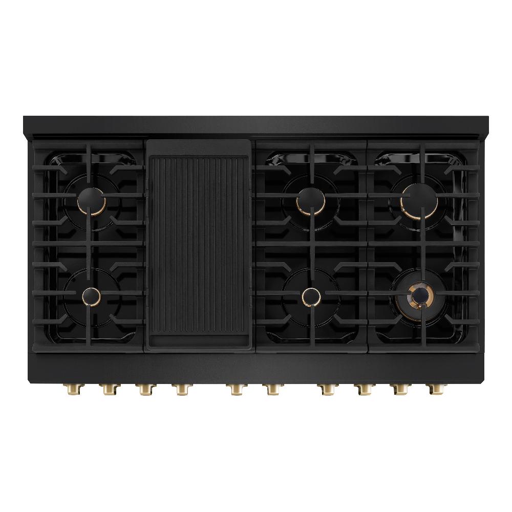 ZLINE Autograph Edition Paramount 48-inch range in black stainless steel and polished gold accents SDRBZ-48-G, from above