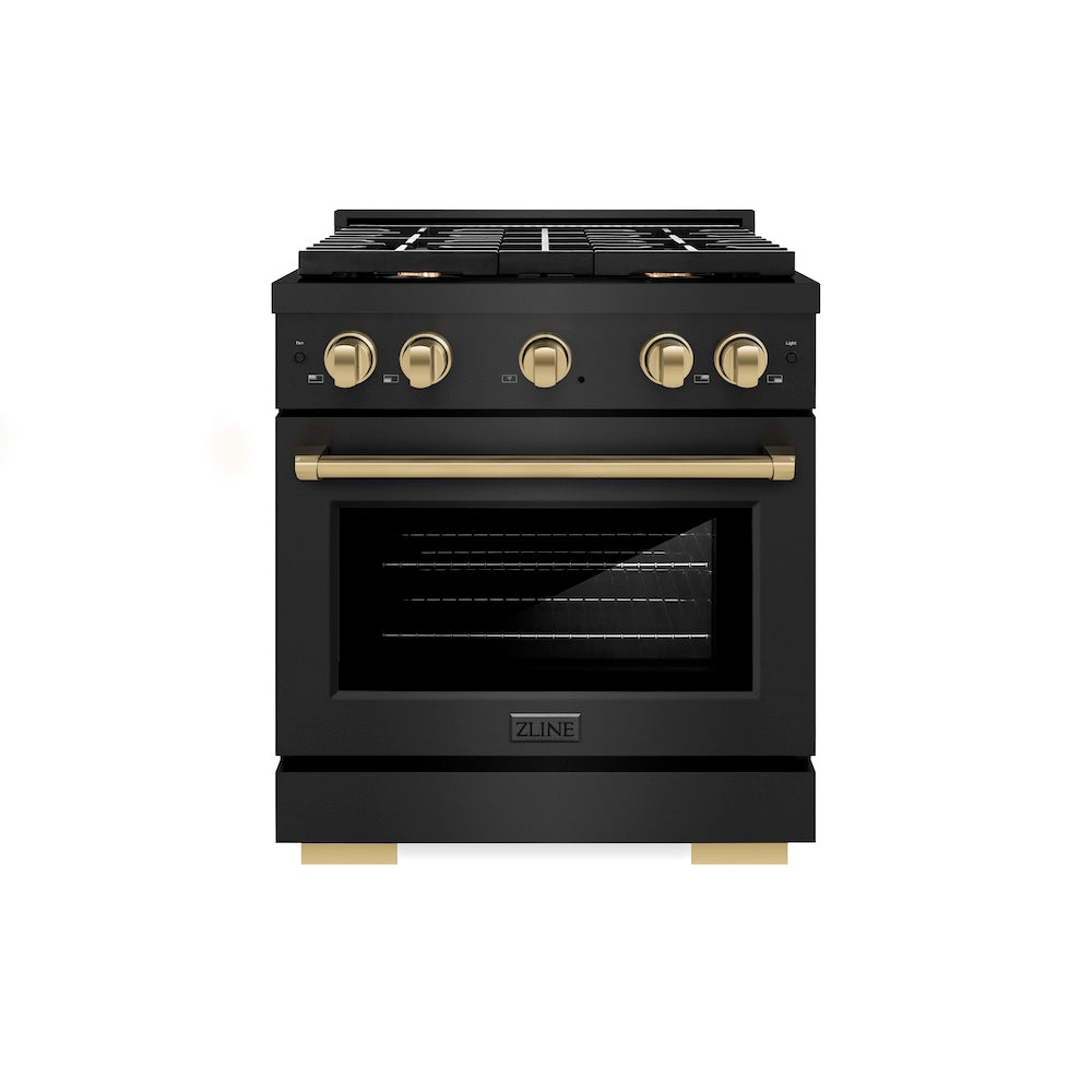 ZLINE Autograph Edition Paramount 30-inch range in black stainless steel and champagne bronze accents SGRBZ-30-CB, front view
