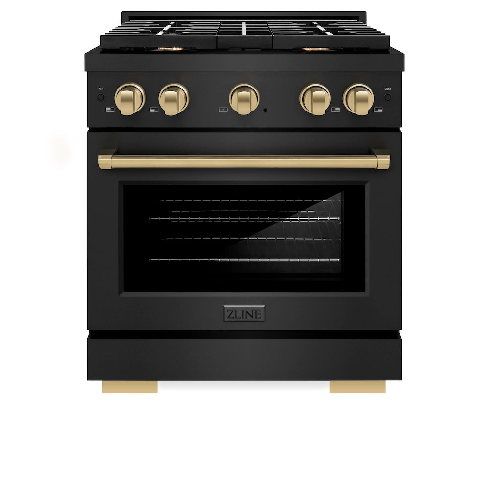 ZLINE Autograph Edition Paramount 30-inch range in black stainless steel and champagne bronze accents SGRBZ-30-CB, front view