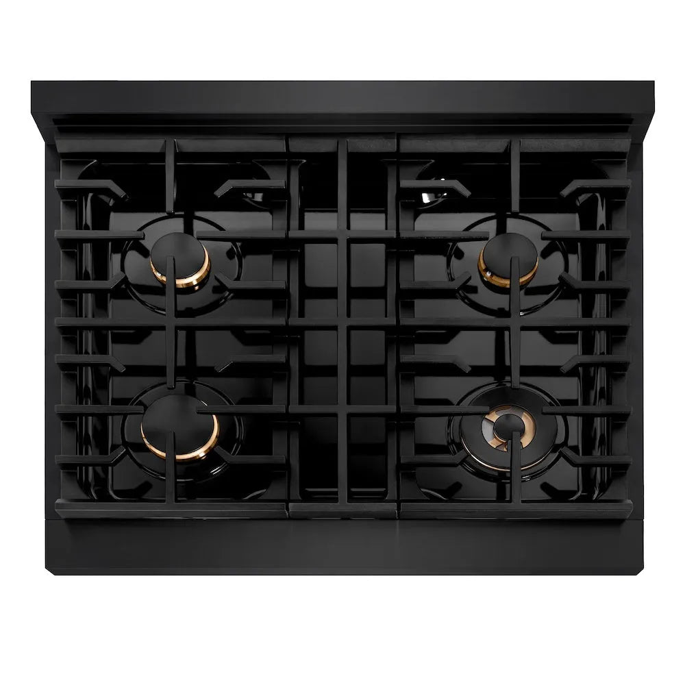 ZLINE Autograph Edition Paramount 30-inch range in black stainless steel and champagne bronze accents SGRBZ-30-CB, from above