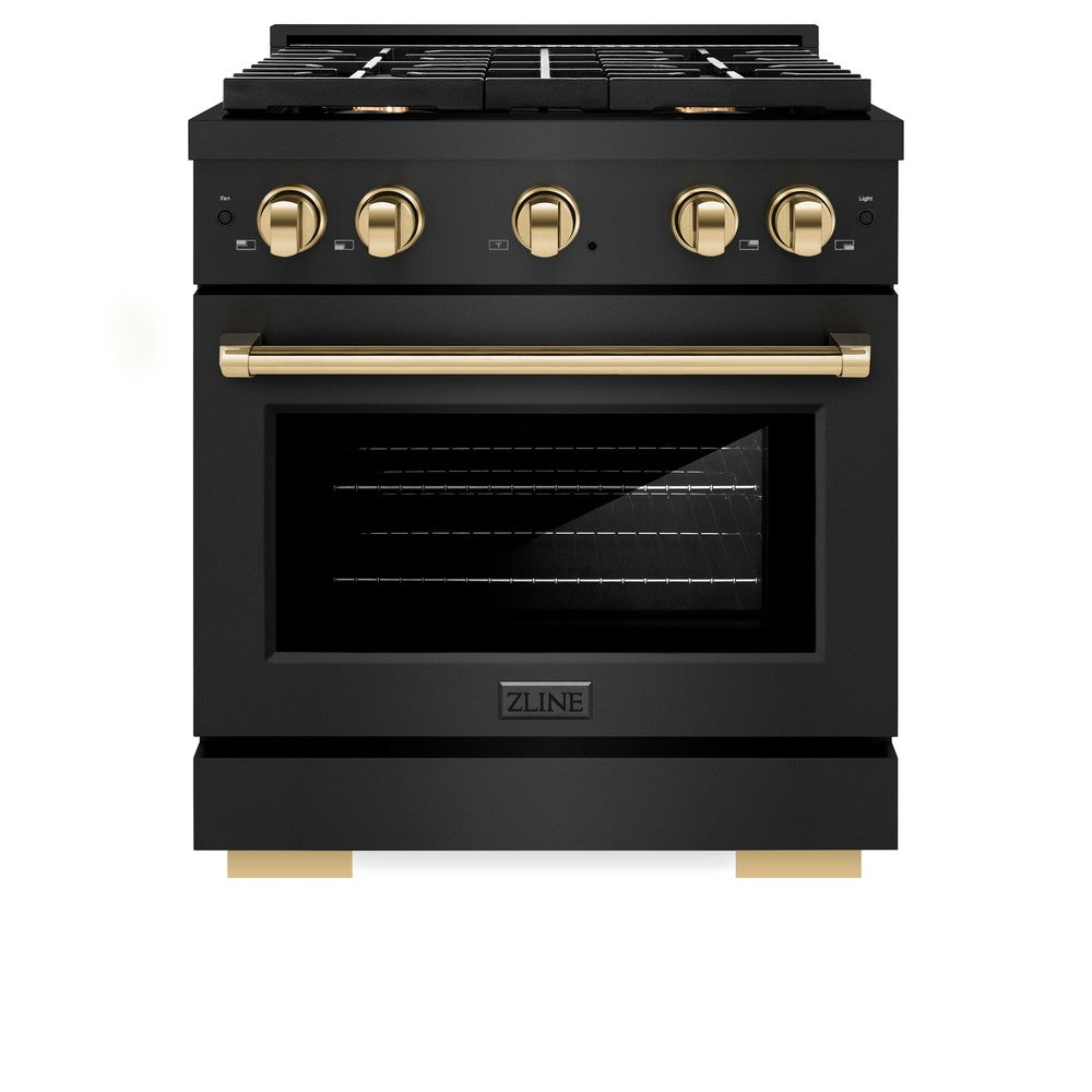 ZLINE Autograph Edition Paramount 30-inch range in black stainless steel and polished gold accents SGRBZ-30-G, front view