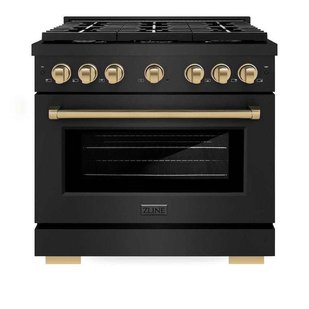 ZLINE Autograph Edition Paramount 36-inch range in black stainless steel and champagne bronze accents SGRBZ-36-CB, front view