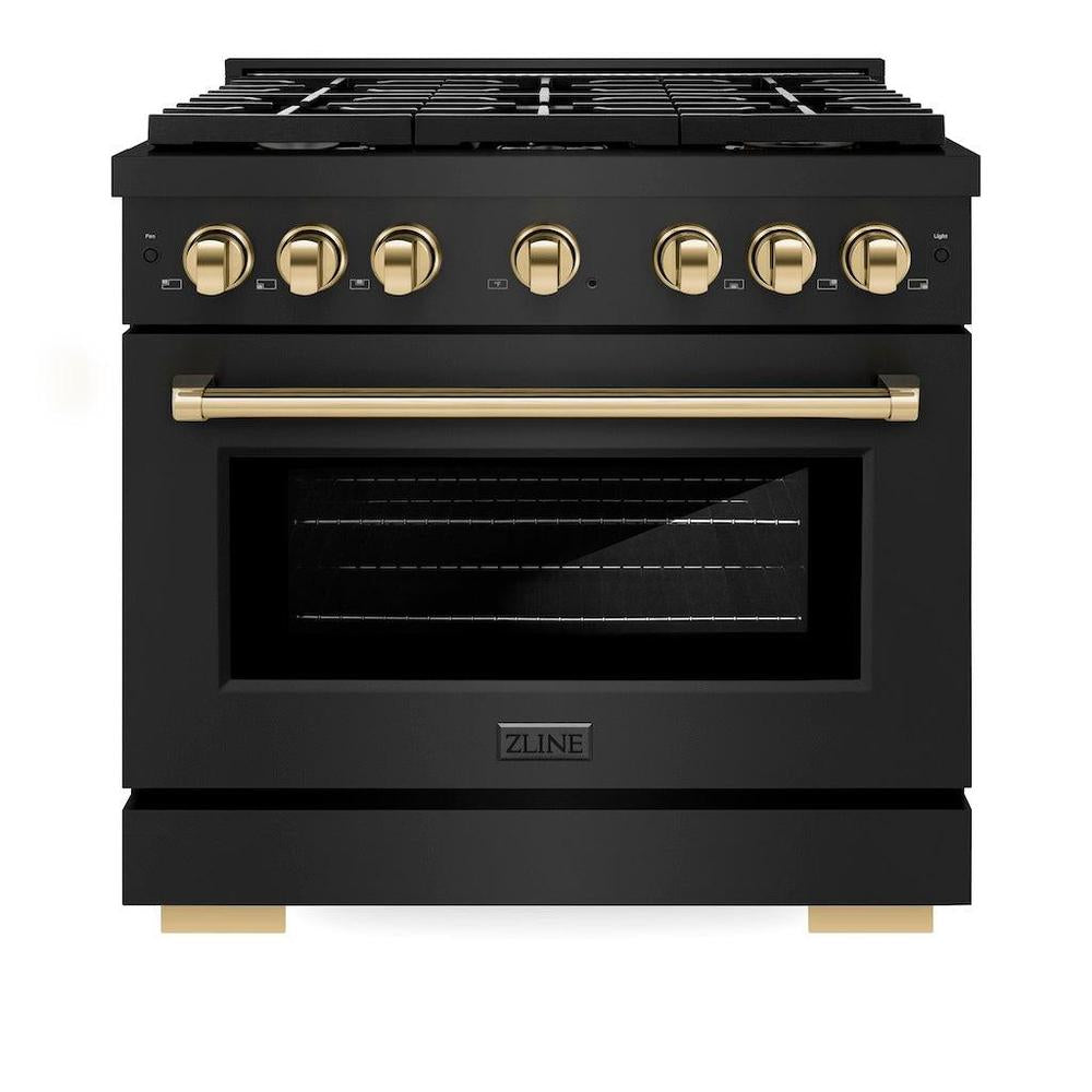 ZLINE Autograph Edition Paramount 36-inch range in black stainless steel and polished gold accents SGRBZ-36-G, front view