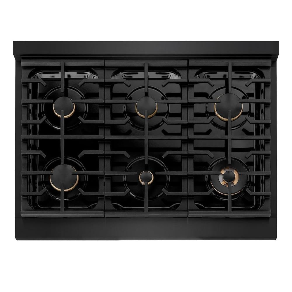 ZLINE Autograph Edition Paramount 36-inch range in black stainless steel and polished gold accents SGRBZ-36-G, from above
