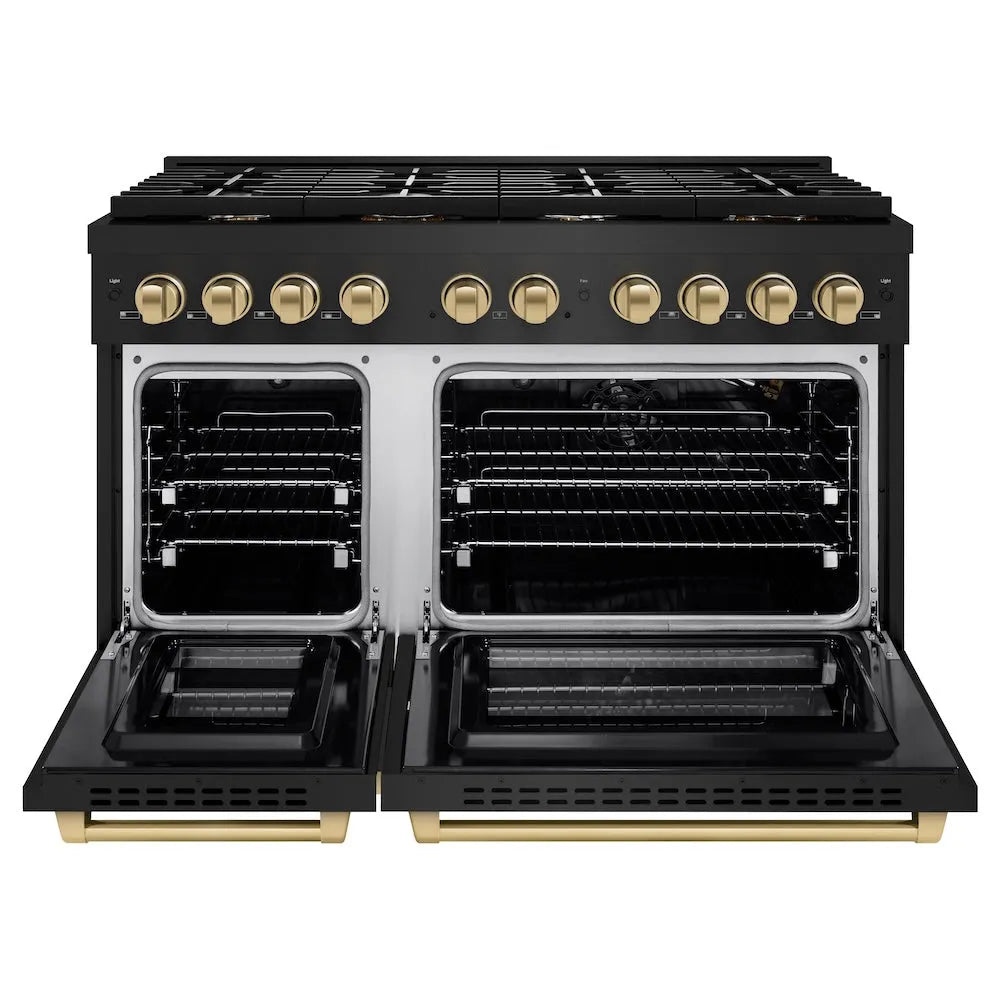 ZLINE Autograph Edition Paramount 48-inch range in black stainless steel and champagne bronze accents SGRBZ-48-CB, front view