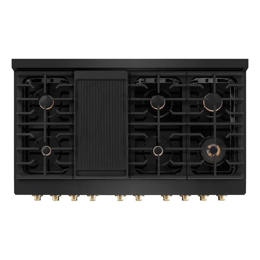 ZLINE Autograph Edition Paramount 48-inch range in black stainless steel and polished gold accents SGRBZ-48-G, from above