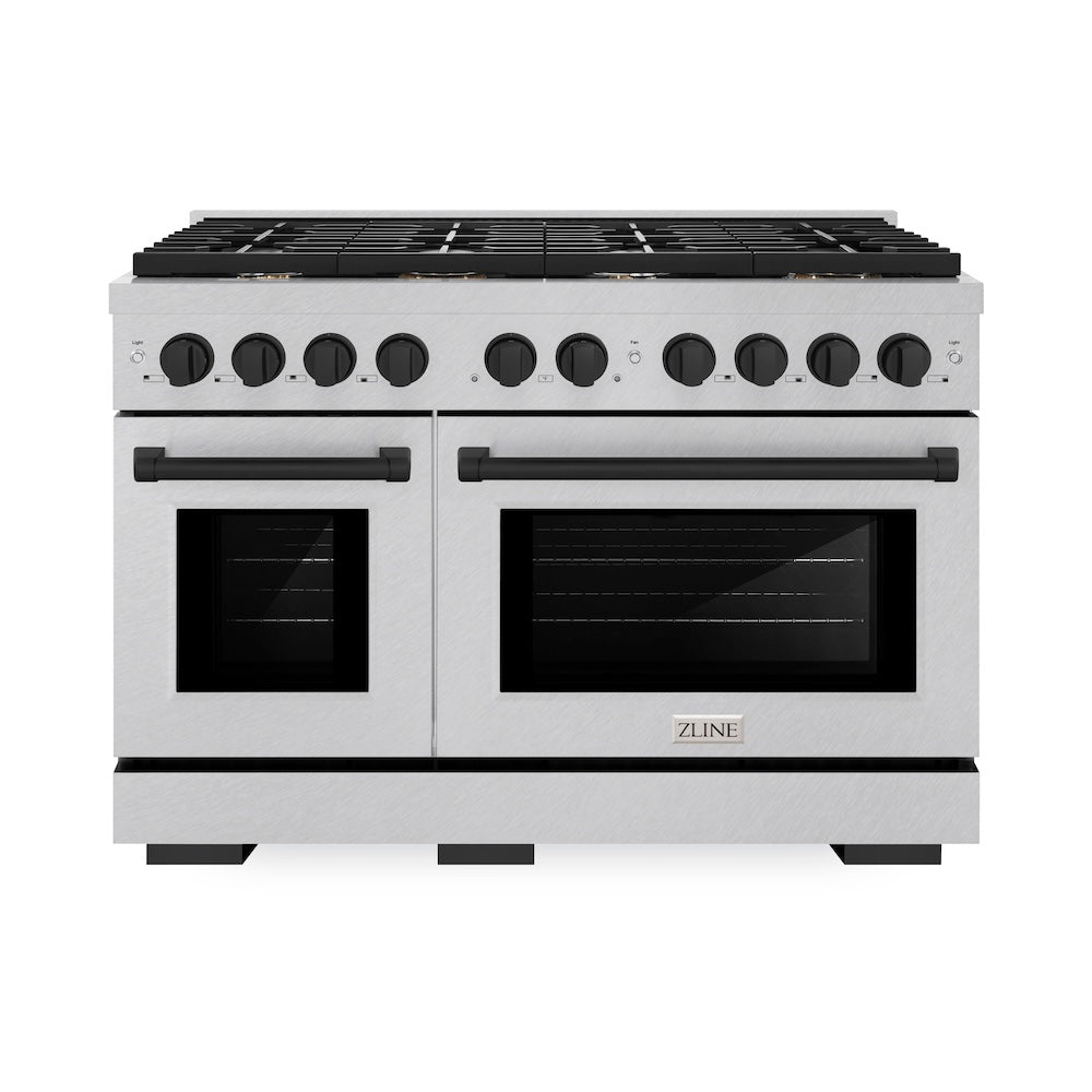 ZLINE Autograph Edition Paramount 48-inch range in satin stainless steel and matte black accents SGRSZ-48-MB, front view