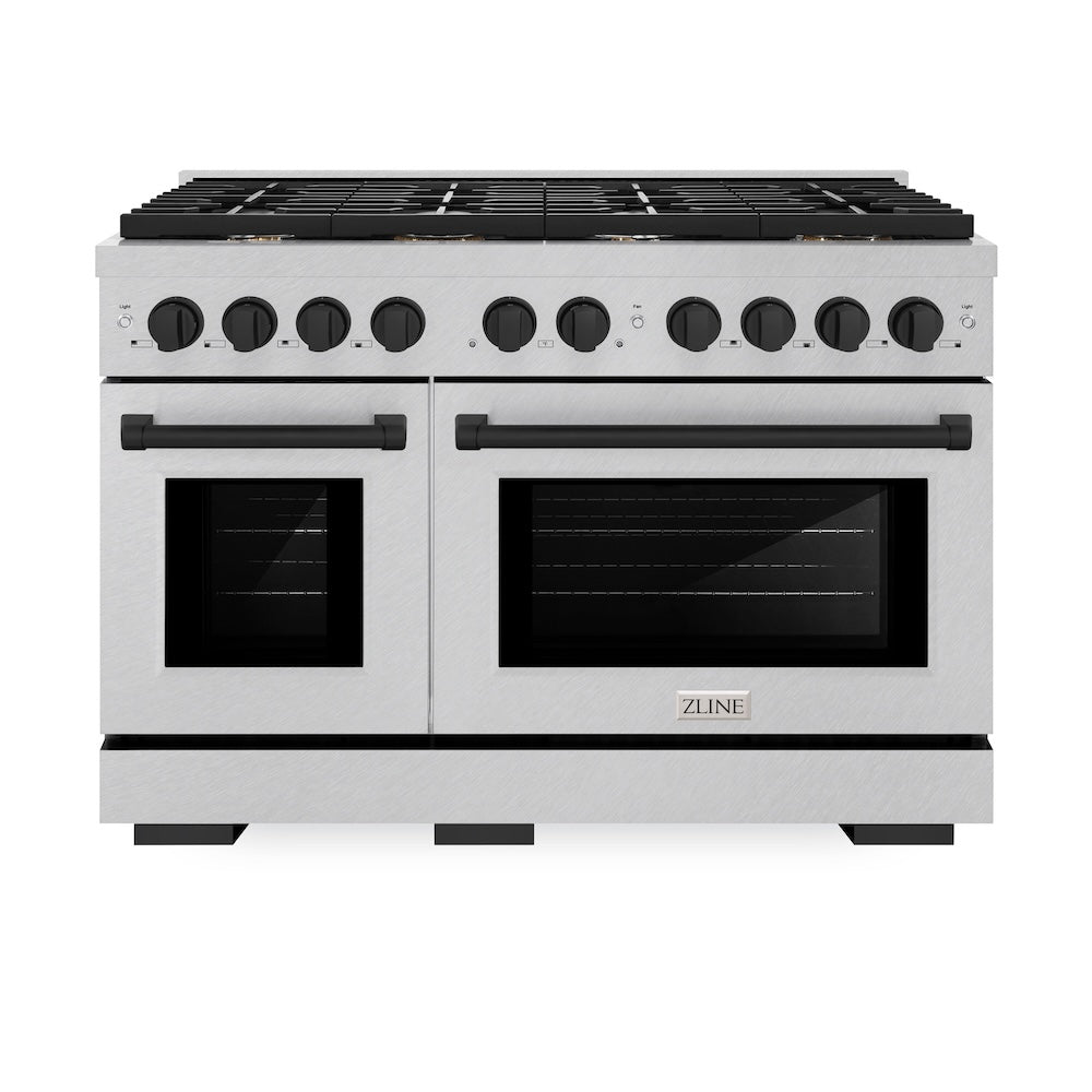 ZLINE Autograph Edition Paramount 48-inch range in satin stainless steel and matte black accents SGRSZ-48-MB, front view
