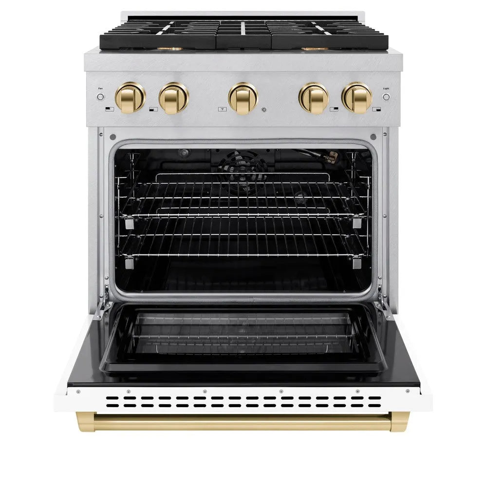 ZLINE Autograph Edition Paramount 30-inch range in satin stainless steel with white matte door and polished gold accents SGRSZ-WM-30-G, front view