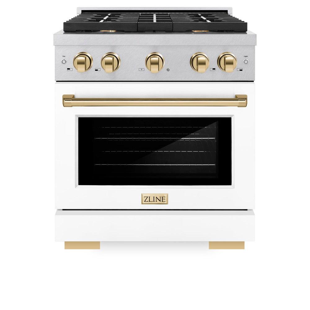 ZLINE Autograph Edition Paramount 30-inch range in satin stainless steel with white matte door and polished gold accents SGRSZ-WM-30-G, front view