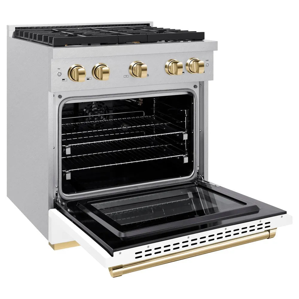ZLINE Autograph Edition Paramount 30-inch range in satin stainless steel with white matte door and polished gold accents SGRSZ-WM-30-G, door open