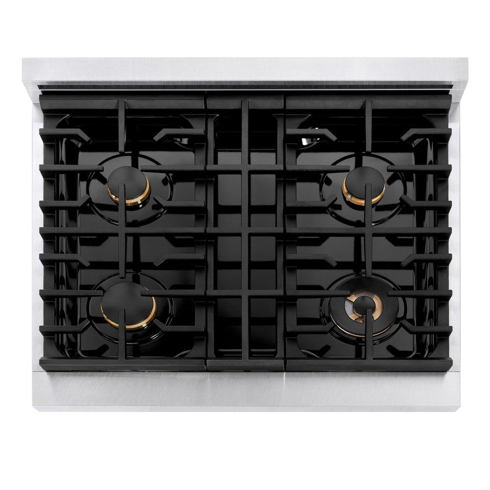 ZLINE Autograph Edition Paramount 30-inch range in satin stainless steel with white matte door and polished gold accents SGRSZ-WM-30-G, from above