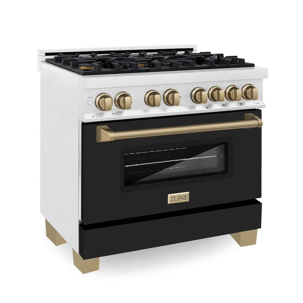 ZLINE Autograph Edition Legacy 36-inch range in satin stainless steel with black matte door and champagne bronze accents RASZ-BLM-36-CB