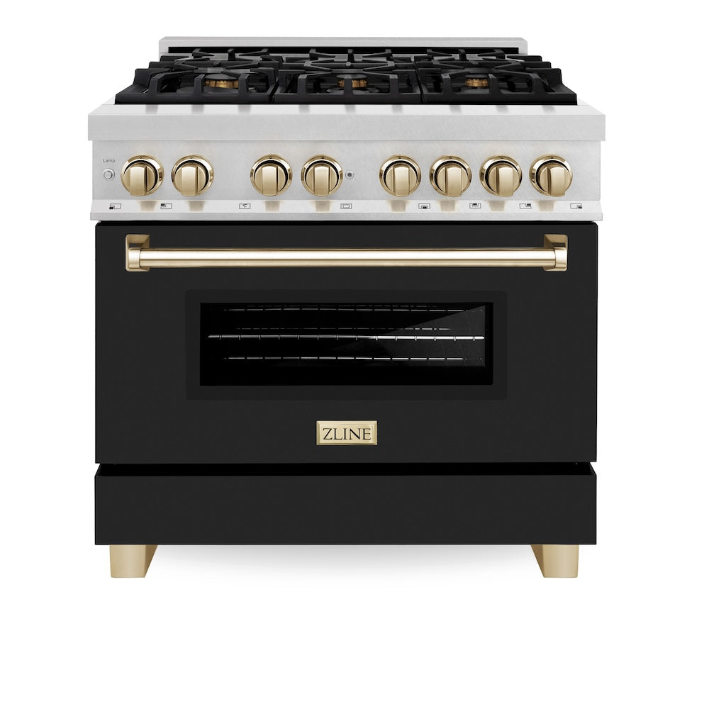 ZLINE Autograph Edition Legacy 36-inch range in satin stainless steel with black matte door and polished gold accents RASZ-BLM-36-G, front view