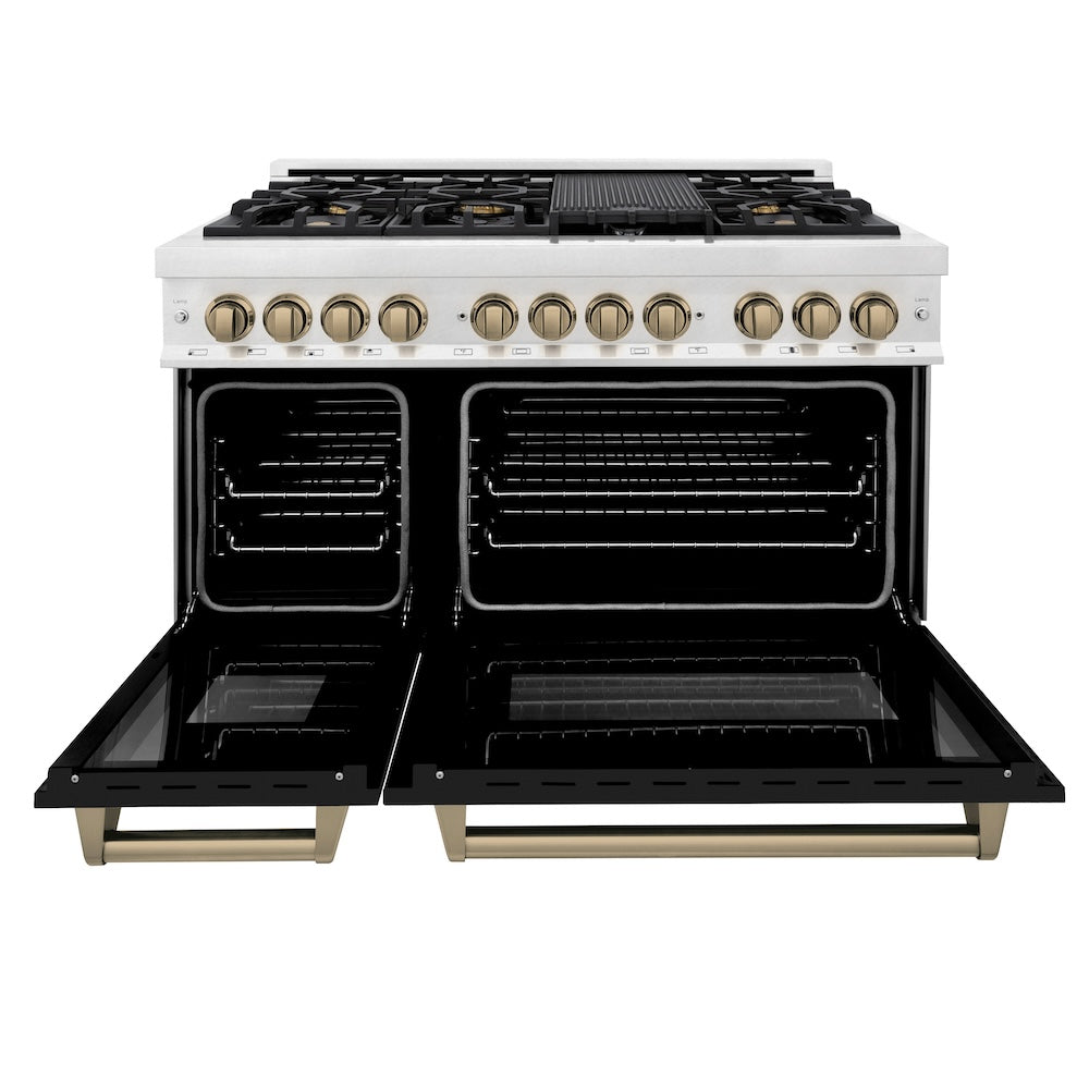 ZLINE Autograph Edition Legacy 48-inch range in satin stainless steel with black matte door and champagne bronze accents RASZ-BLM-48-CB, front view