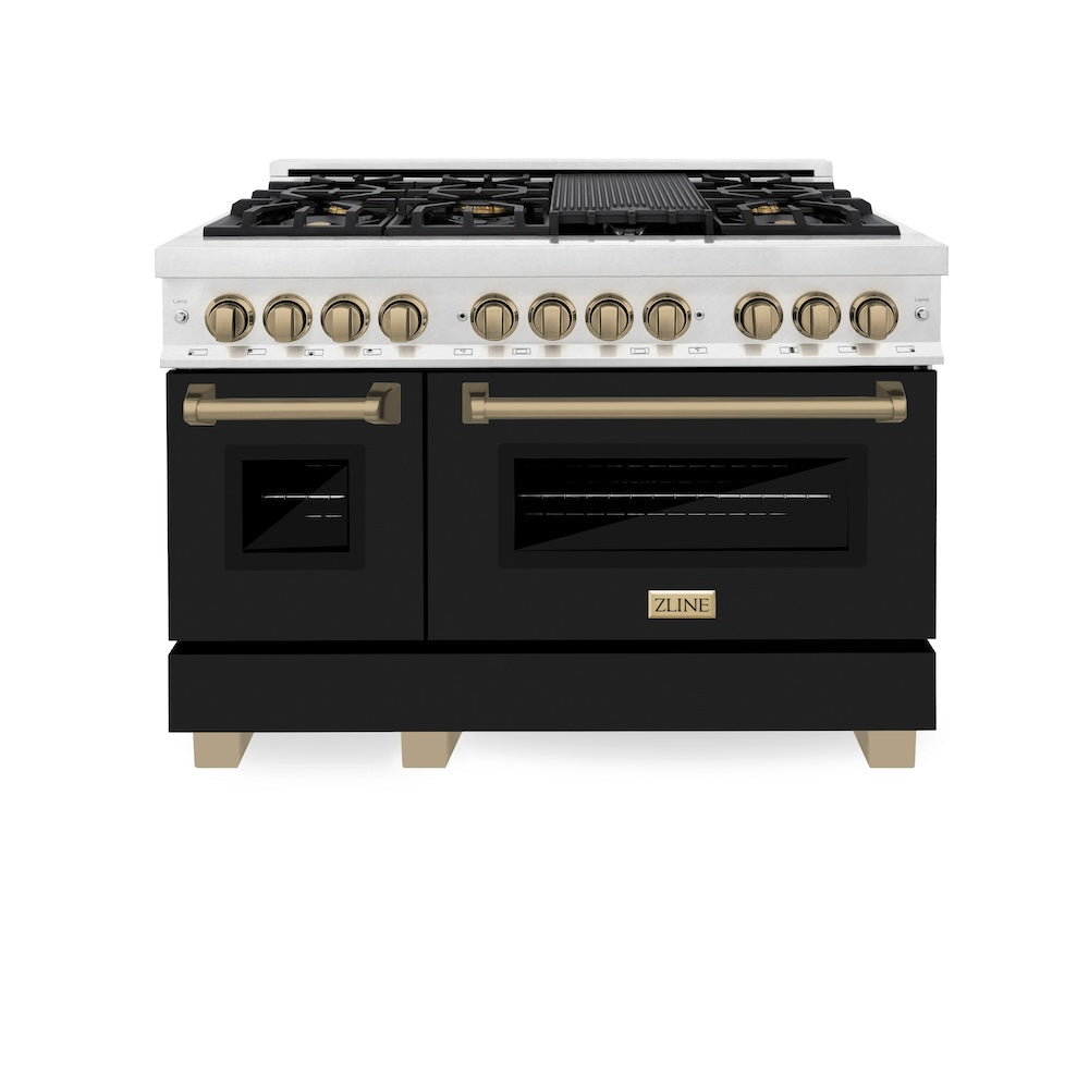 ZLINE Autograph Edition Legacy 48-inch range in satin stainless steel with black matte door and champagne bronze accents RASZ-BLM-48-CB, front view