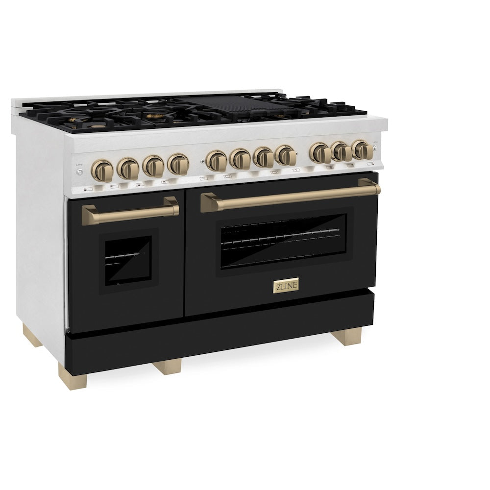 ZLINE Autograph Edition Legacy 48-inch range in satin stainless steel with black matte door and champagne bronze accents RASZ-BLM-48-CB, view 5