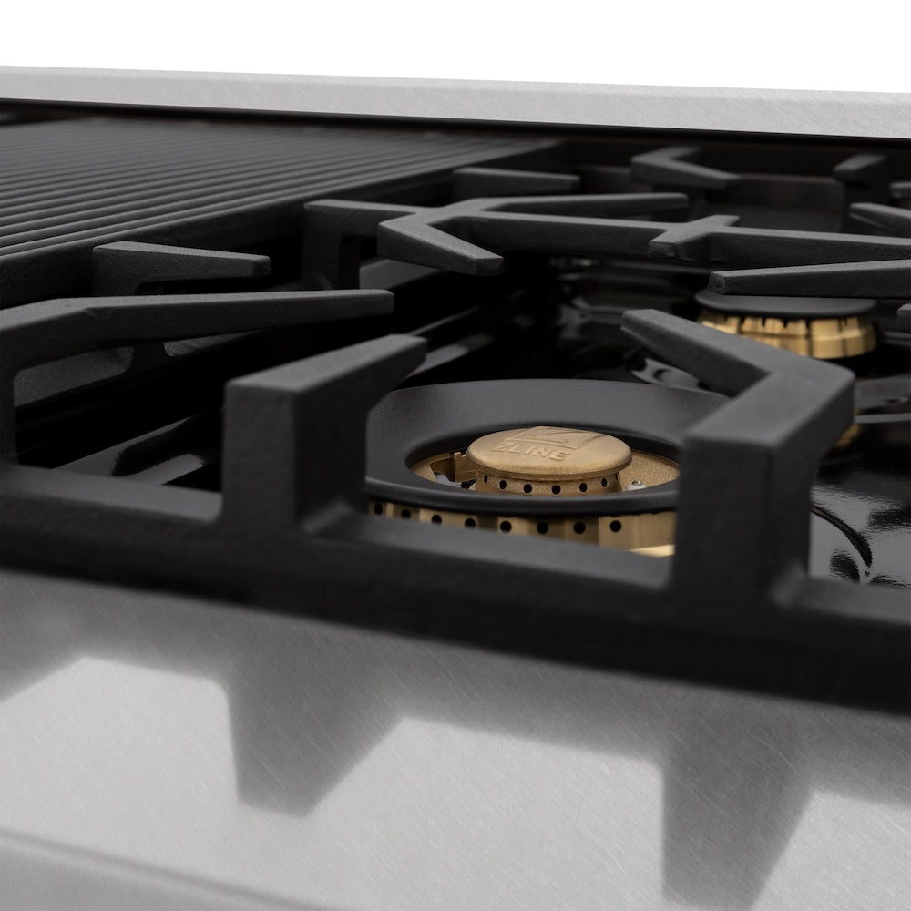 ZLINE Autograph Edition Legacy 48-inch range in satin stainless steel with black matte door and polished gold accents RASZ-BLM-48-G, detail