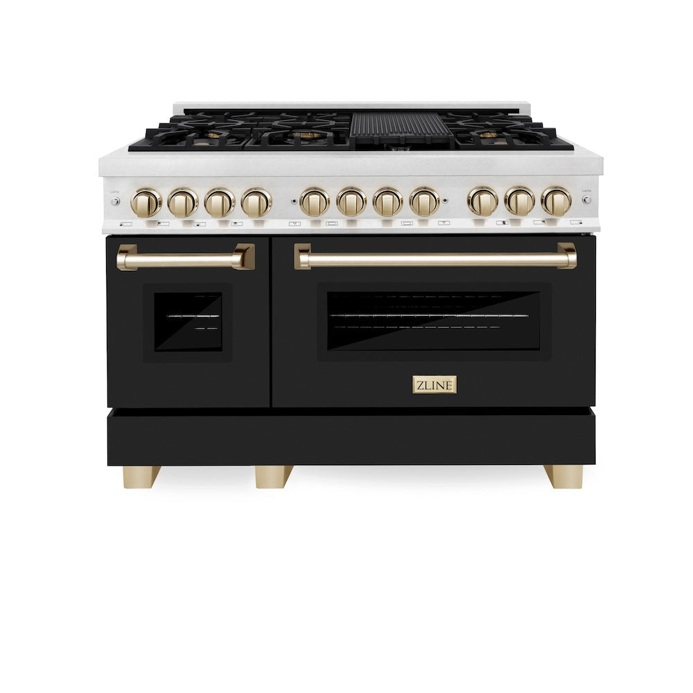 ZLINE Autograph Edition Legacy 48-inch range in satin stainless steel with black matte door and polished gold accents RASZ-BLM-48-G, front view