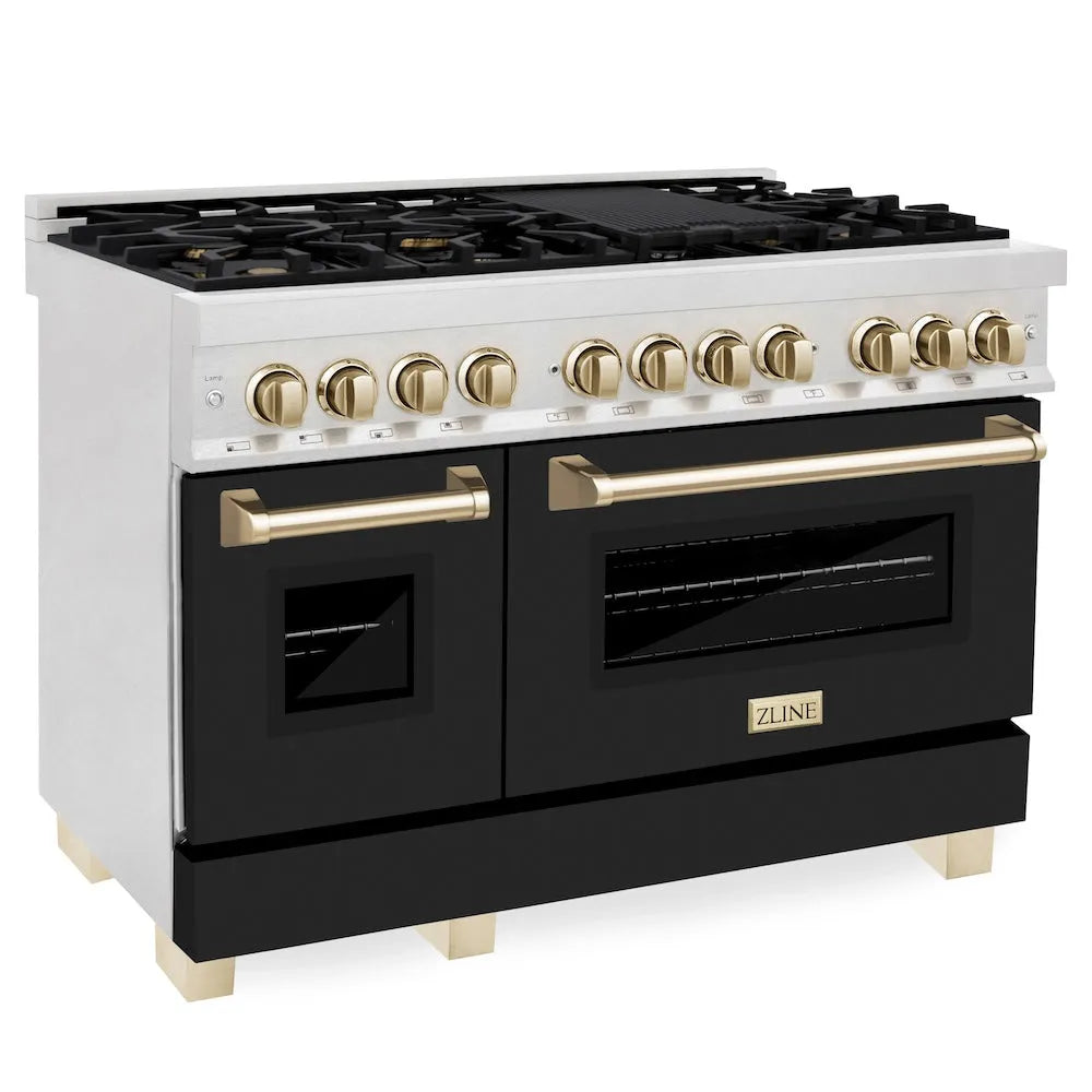 ZLINE Autograph Edition Legacy 48-inch range in satin stainless steel with black matte door and polished gold accents RASZ-BLM-48-G